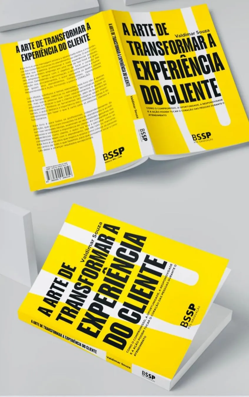 O livro A Arte de Transformar a Experiência do Cliente, aberto com capa e contracapa à vista e, abaixo, fechado